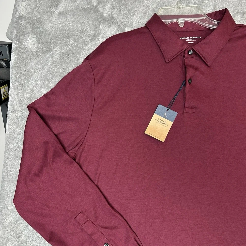 Charles Tyrwhitt Mens Medium Long Sleeves Polo Wine Red Shirt 100% Cotton Shirt - Picture 16 of 16